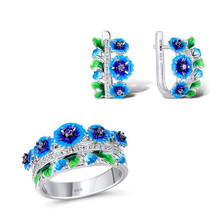 Moda feminino azul esmalte conjunto de jóias charme prata cor casamento clipe brincos para as mulheres bonito anel de noivado de flor de noiva 2024 - compre barato