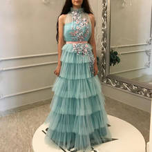 Long Tulle Flowers Prom Dresses 2021 A Line O Neck Sleeveless Formal Evening Party Dress Gown Robe De Soiree 2024 - buy cheap