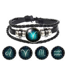 Pulsera de piel trenzada negra con signo del zodiaco para hombre, brazalete con cúpula de cristal tejida, joyería Punk, 12 Constelaciones, Leo Virgo Libra 2024 - compra barato