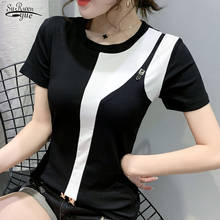 Chemisier Femme 2021 Summer New Short Sleeve Round Neck Spliced Cotton Blouse Women Thin Fashion White & Black blouse 9208 50 2024 - buy cheap