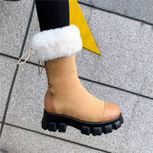 YMECHIC Fashion Cross Tied Back Lace Up Block High Heels Winter Yellow Black Snow Boots Warm Plush Mid Calf Boot Woman Shoes 2024 - buy cheap