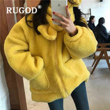 Rugod casaco de lã feminino, casaco de inverno fofo amarelo com bolso solto casual grosso e quente para mulheres casaco de inverno com cachecol 2024 - compre barato