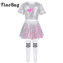 Kids Shiny Sequins Crop Tops with Skirt Socks Outfit Girls Stage Performance Hip Hop Jazz Dance Costume Cheerleader Dancewear 2024 - buy cheap