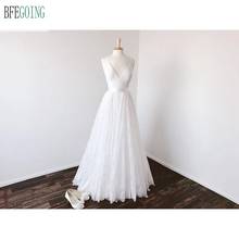 Vestidos de noiva de renda marfim com decote v, linha a, comprimento até o chão, customizado, estilo espaguete 2024 - compre barato