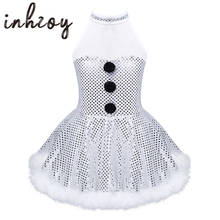 Детский Рождественский костюм снеговика для девочек, танцевальная одежда для сцены, платье без рукавов с сеткой, белое блестящее платье с блестками для фигурного катания 2024 - купить недорого