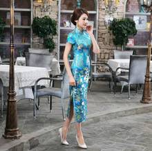 Hot Sale Blue Chinese Style Formal Dress Women Silk Satin Long Qipao Vintage Elegant Flower Cheongsam S M L XL XXL XXXL NC047 2024 - buy cheap