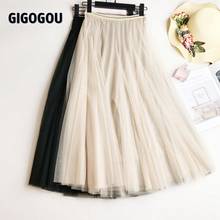 GIGOGOU Summer Mesh Women Pleated Skirt Solid High Waist A Line Tulle Skirts Chic Long Maxi Tutu Skirt Holiday Beach Tulle Skirt 2024 - buy cheap