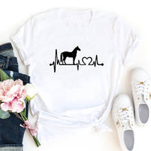 Забавная футболка с рисунком лошади и сердцебиения, женская футболка с круглым вырезом и коротким рукавом, женская черная Повседневная футболка, Женский Топ 2024 - купить недорого