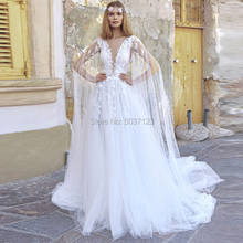A Line Wedding Dresses with Cape Deep V Neck Tulle Vestido De Noiva Lace Appliques Bridal Gowns Court Train Open Back Custom 2024 - buy cheap