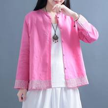 Китайский Стиль одежда женские блузки 2021 хлопковые льняные рубашки повседневные рубашки с вышивкой в винтажном стиле, с длинным рукавом Женские китайские Топы FF3058 2024 - купить недорого