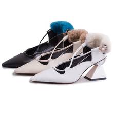 Zapatos de tacón alto con tiras cruzadas para mujer, calzado con punta puntiaguda, decoración de piel de conejo Real, talla grande, 2021 2024 - compra barato