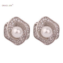 GRACE JUN Original Design Flower Stud Clip on Earrings Fashion Luxury No Pierced Earrings Charm White Gold Color Ear Clip New 2024 - buy cheap