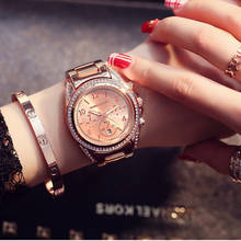 Женские наручные часы, кварцевые часы из нержавеющей стали с бриллиантами, стразы, розовое золото 2024 - купить недорого