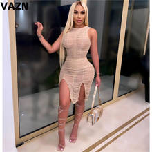 VAZN 2020 New Special Sexy Club See Through Lace Outspoken Style Solid Round Neck Tank Sleeve Women High Waist Thin Midi Dress 2024 - buy cheap