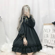 Japonês preto escuro menina lolita doce vestido de fadas manga longa alargamento babados gravata borboleta mini cos vestido uma linha kawai maid vestido de festa 2024 - compre barato