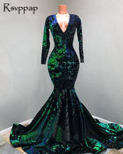 Роскошное блестящее длинное платье для выпускного вечера, модель 2021 года, сексуальное платье-Русалка с V-образным вырезом и длинным рукавом, Черное и зеленое платье с блестками, платье для выпускного вечера в африканском стиле 2024 - купить недорого