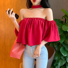 Sexy Off Shoulder Bodycon Blouse Women 2022 Summer Strapless Ruffles Red Short Sleeve Top Ladies Party Club Blusas Feminina Y372 2024 - buy cheap
