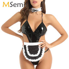 Women Porno French Maid Lingerie Latex Babydoll Bodysuit with Maid Apron Choker Uniform Sexy Cosplay Costume Leather Servant Set 2024 - buy cheap