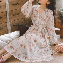 Verão novo estilo coreano feminino moda impressão damasco vestido elegante com decote em v retro folha de lótus vestido de manga comprida casual wear 2024 - compre barato