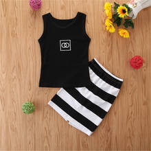 #VW Letter T-shirt Tops+Stripe Skirt Sets Summer Sleeveless Fashion Sets Toddler Baby Kids Girls Outfits Clothes Sets ropa niños 2024 - buy cheap