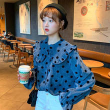 Camisa preppy de veludo, blusa de bolinhas plus size com babado de manga comprida gola, blusa grande vintage, camisas coreanas para mulheres 2024 - compre barato