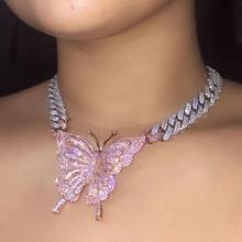 Pink Silver color two tone iced out bling 12mm cz Miami Cuban link chain pink Butterfly pendant hiphop pinky butterfly necklace 2024 - buy cheap