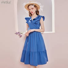 ARTKA-vestido Midi azul con volantes y cinturón para mujer, traje Vintage elegante con cuello en V, manga voladora, LA22116X, novedad de verano 2021 2024 - compra barato