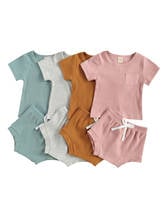 New Baby 2-piece Outfit Set Short Sleeve Solid Color Tops+Shorts Set for Kids Boys Girls 2024 - buy cheap