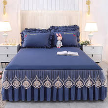 Korea Lace Embroidery Blue Quilted Princess Bedding Bed Skirt Pillowcases Set Bedspread Fitted Sheet Mattress Cover Home Textile 2024 - buy cheap