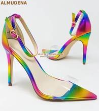 ALMUDENA Multi-Color Rainbow Strappy Sandals Stiletto Heels Clear PVC Strap Wedding Shoes Orange Pointed Toe Dress Pump Dropship 2024 - buy cheap