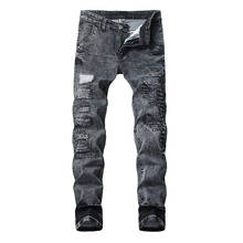 Sokotoo holes ripped jeans stretch cinza preto dos homens Plus Size patchwork magro calças jeans retas 2024 - compre barato