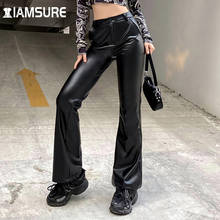 IAMSURE Cool Black Women Pu Pants Casual Low Waist Slim Leather Trousers Wide Leg Pants 2021 Winter Warm Streetwear Fashion Kpop 2024 - buy cheap