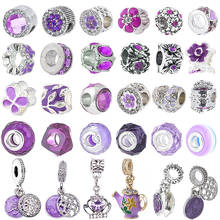 2 unids/lote de cuentas de cristal púrpura, flor, corazón, dulce mamá, colgante para pulsera y brazalete Original, fabricación de joyería para mujer 2024 - compra barato
