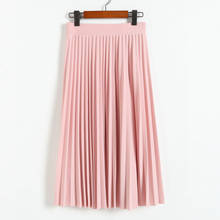 Qrwr primavera verão moda feminina saia 2021 elástico de cintura alta sólido metade comprimento saias plissadas senhoras preto rosa midi saia 2024 - compre barato