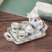 Conjunto de cozinha em miniatura para casa de bonecas, 8 peças, porcelana, conjunto de chá, copo, prato,-branco, padrão de flor roxa 2024 - compre barato