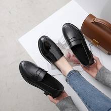 Zapatos Oxford de cuero negro liso para mujer, zapatos planos Retro británicos sin cordones, informales, otoño y primavera, 2020 2024 - compra barato