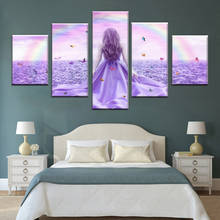 Arte de parede em tela impressa, 5 peças, arco-íris, borboleta, menina, lavanda, imagem, flores roxo, poster, decoração da casa modular 2024 - compre barato