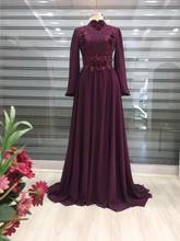 Chiffon Long Sleeve Muslim Evening Dress 2021 High Neck Appliques Flowers A Line Arabic Dubai Robe Long Formal Party Gowns 2024 - buy cheap