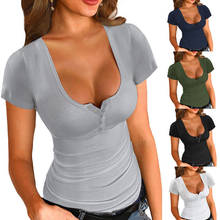 Summer 2021 New Fashion Casual Women T Shirt Solid Sexy Deep V Neck Short Sleeve Large Size Bodycon Ladies Tunic T Shirt 2024 - buy cheap