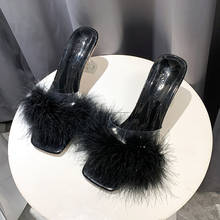 Женские меховые шлепанцы на стеклянном каблуке, прозрачные шлепанцы с квадратным носком, милые пушистые шлепанцы в Корейском стиле, прозрачные шлепанцы на высоком каблуке, femme2020 2024 - купить недорого