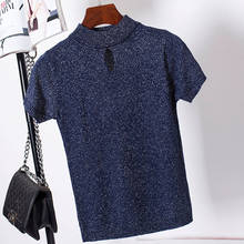 Яркая шелковая футболка с дырками, женская вязаная винтажная эластичная футболка с коротким рукавом, летние топы 2021, женская одежда, футболка для женщин 2024 - купить недорого