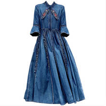 2022 Spring new vintage embroidered denim dress women half flare sleeve high waist slim a-line long dress 2024 - buy cheap