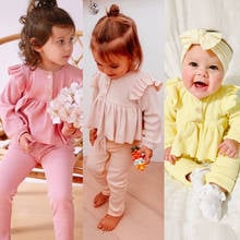 Primavera outono bebê meninas roupas definir 2 pçs infantil com nervuras outfits criança manga longa em torno do pescoço plissado superior elástico calças 2024 - compre barato