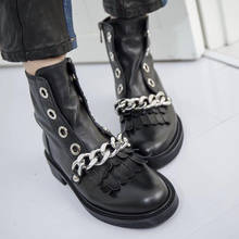 Sapatos de inverno femininos com ponta redonda, calçado de couro preto, cavaleiro chelsea, botas com corrente de metal, designer para motocicleta, botinas de tornozelo, 2020 2024 - compre barato