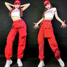 Fantasia feminina hip hop, calças vermelhas, roupa de dança de rua, roupa jazz, roupa feminina adulta para performance de palco dnv12630 2024 - compre barato