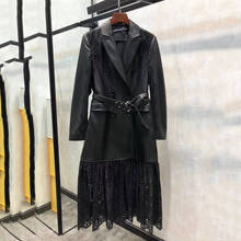 Jaqueta feminina couro legítimo, nova moda primavera importada com rendas e pele de carneiro legítimo comprimento longo com cinto 2024 - compre barato