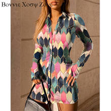 Women Turn-down Collar Colorblock Slit Bell Sleeve Long Sleeve Shirt Dress 2024 - buy cheap