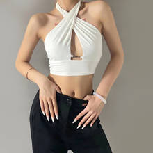 2021 New Women Cross Halter Ruched Crop Tank Tops Solid Color Cut Out Sleeveless Open Back Rave Club Vest 2024 - buy cheap