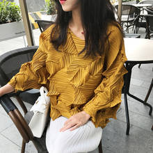 Miyake camisa feminina estampada irregular, camiseta plissada artesanal, chamada de temperamento com estética, roupas coreanas, outono e inverno, 2021 2024 - compre barato
