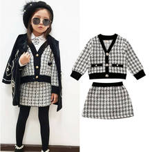 Elegant Kids Baby Girls Clothes Vingate Plaid 2Pcs Outfits V-Neck Coats Mini Skirts Children Girl Autumn Winter Formal Outfits 2024 - buy cheap